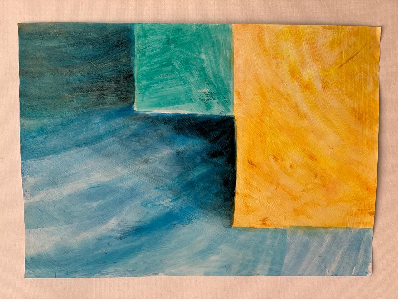 Featured artwork — abstract composition in cerulean blue, charcoal and gold